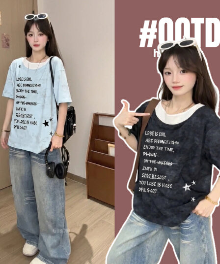 출산 착용 여름 드레스 알파벳 프린트 배색 패치워크 반팔 티셔츠 여름 홀치기 염색 워시 물 순면 페이크 레이어드 맨위