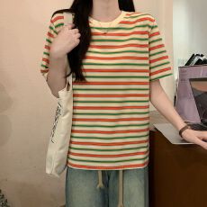 批发实拍色织条短袖t恤夏2026美式条纹正肩修身短款圆领上衣<b class='q'>韩版</b>孕妇