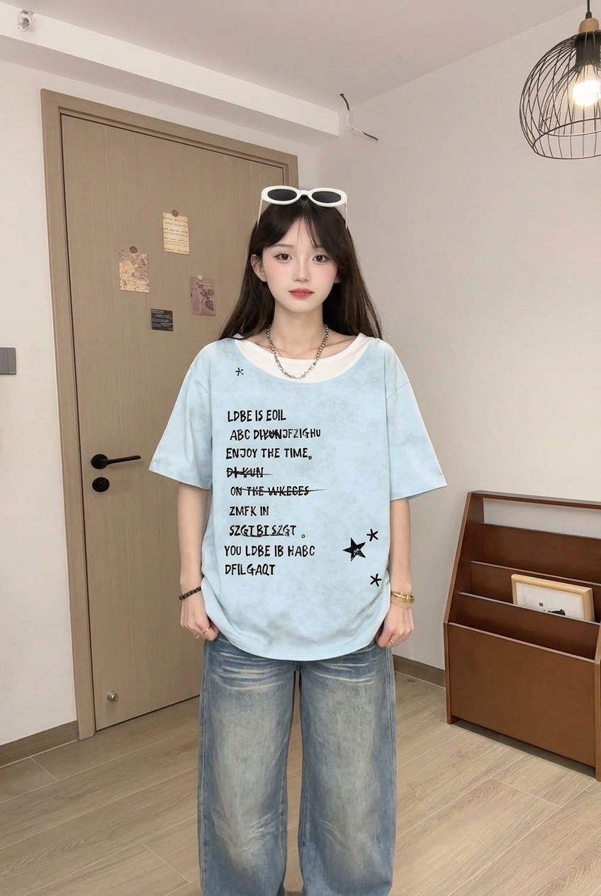 새로운 출산 착용 여름 배색 패치워크 페이크 레이어드 반팔 티셔츠 여름 새로운 홀치기 염색 워싱 루즈핏 맨위