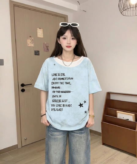 새로운 출산 착용 여름 배색 패치워크 페이크 레이어드 반팔 티셔츠 여름 새로운 홀치기 염색 워싱 루즈핏 맨위