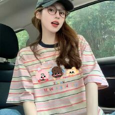 批发孕妇装条纹短袖t恤2026新款夏季美式趣味卡通印花设计感宽松上衣