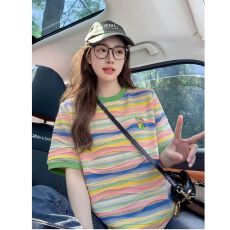 批发有货孕妇装上衣夏装新款彩色条纹T恤短款宽松大码