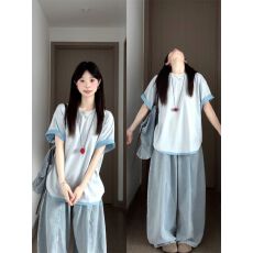 孕妇夏装体恤2026新款撞色短袖t恤夏季新款宽松刺绣韩系圆领上衣
