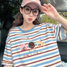 批发孕妇装纯棉花边条纹短袖t恤2026新款夏季宽松大码设计感小众上衣