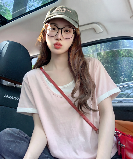 여름 출산 착용 여름 드레스 반팔 동정 면 반팔 티셔츠 여름 새로운 트렌디 단색 페이크 레이어드 V넥 맨위 임산부