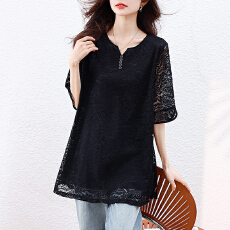 批发实拍 夏季2026年新款中长款大码女装中年妈妈<b class='q'>中袖</b>蕾丝打底衫