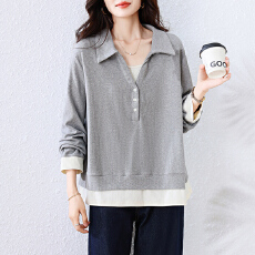 批发实拍<b class='q'>大码</b>假两件针织衫女灰色打底<b class='q'>秋装</b>2026新胖mm打底内搭上衣