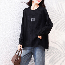 批发实拍气质假两件黑色T恤女2026年新长袖<b class='q'>女装</b>秋季欧货<b class='q'>大码</b>上衣