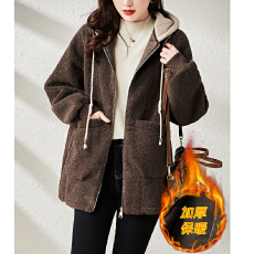 批发实拍 <b class='q'>欧洲站</b>大码新款皮毛一体羊羔毛连帽加厚外套宽松胖妹妹女装