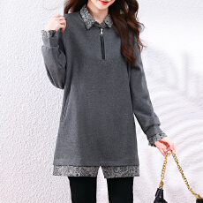 批发实拍 春秋款复古翻领拼接假两件中<b class='q'>长款</b>女士<b class='q'>卫衣</b>港风长袖上衣