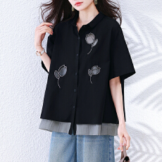 批发实拍 大码女装遮肚子刺绣短袖<b class='q'>衬衫</b>女夏季胖妹妹宽松显瘦正肩上衣