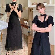 批发实拍已出 夏季新款设计感<b class='q'>泡泡袖</b>方领<b class='q'>连衣裙</b>气质收腰短袖长裙