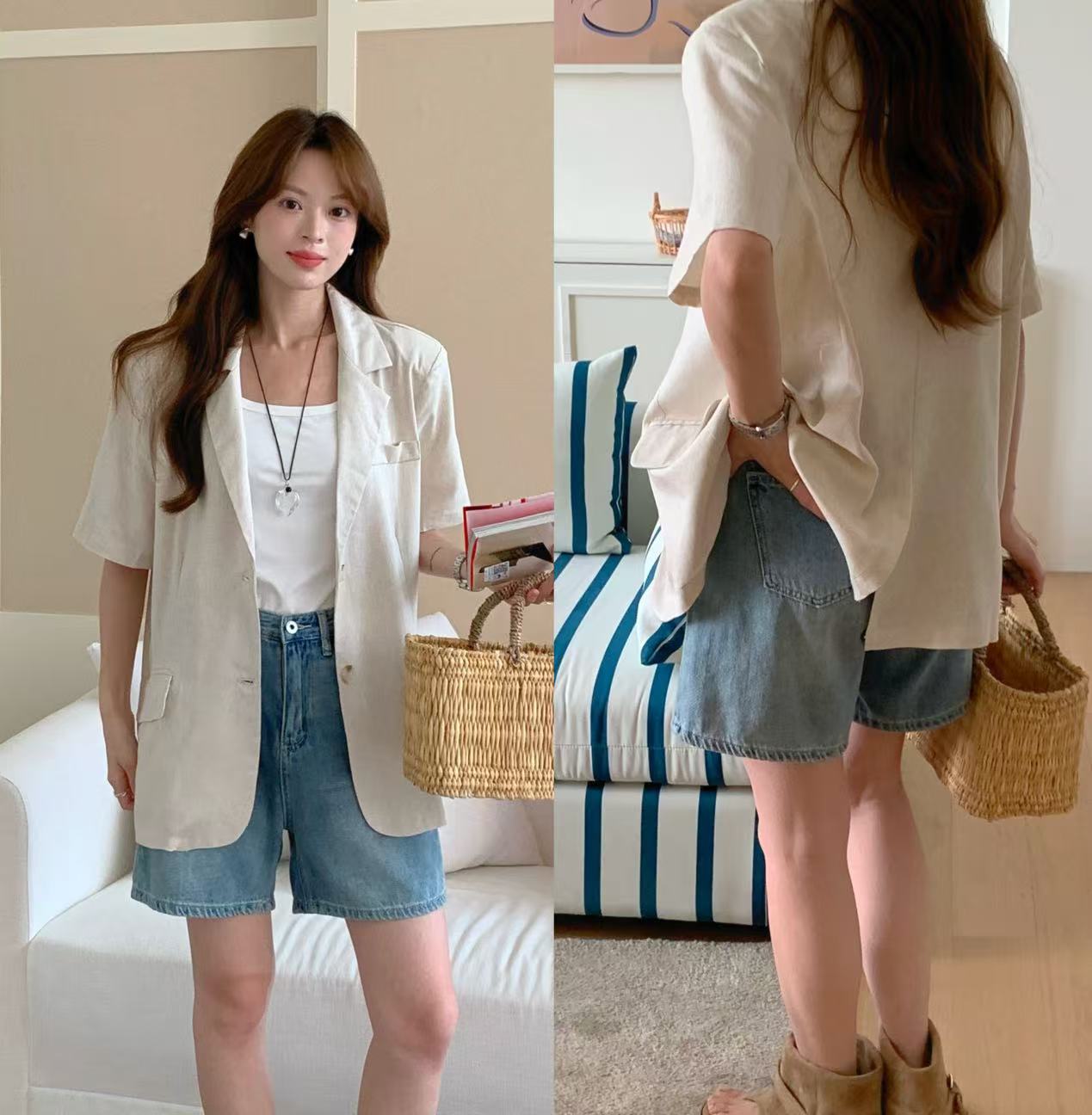 실사 있음 선적 여름 레트로 폴로 칼라 싱글 줄 버튼 루즈핏 면 린넨 블레이저
