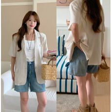 批发实拍已出货  夏季复古翻领单排扣宽松<b class='q'>棉麻</b>西装外套