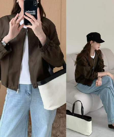 실사 있음 선적 봄 한 부서 아름다움 라드. 품격 질감 짧은 외투 라운드 넥 캐주얼 다용도 짧은 외투