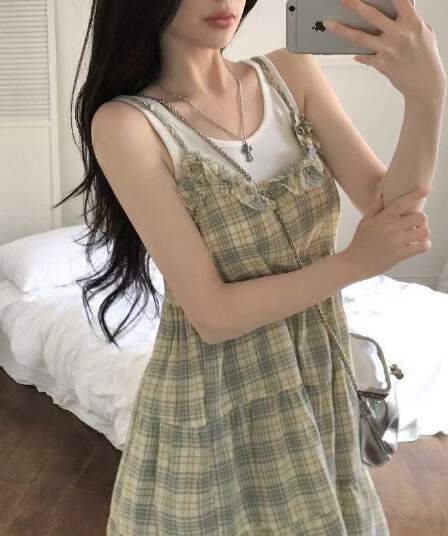 한국 스타일 레트로 달콤함 소녀 귀여운 퍼프 체크무늬 레이스 슬립 케이크 드레스