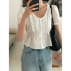 批发韩国ins 白月光 韩系棉质U领蕾丝单排短袖花边衬衫