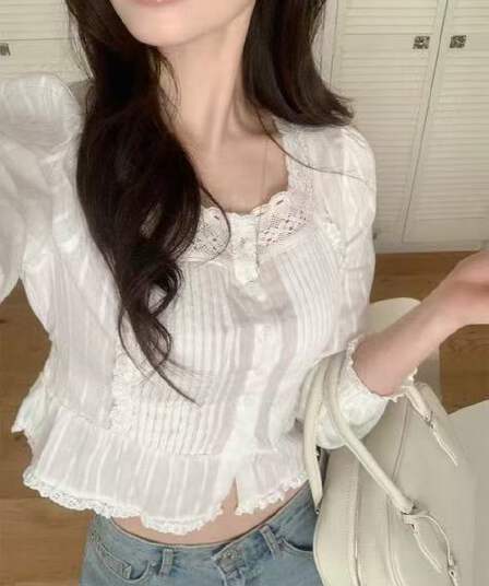 가지고있다 밖으로 한국 스타일 chic 빛 요리 한 패션 Chic 작은 대중 디자인 센스 레이스 업 셔츠