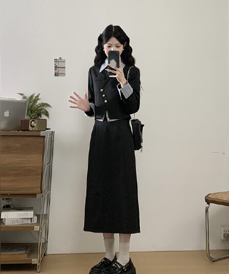 빅 사이즈 여성 의류 봄 새로운 표지 고기 외국 가스 Chic 블레이저 반신 스커트 학원 스타일 두 조각 여성 세트