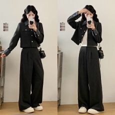 批发灰色小香风套装女2026<b class='q'>春</b>秋新款职业通勤气质高级感阔腿长裤两件套