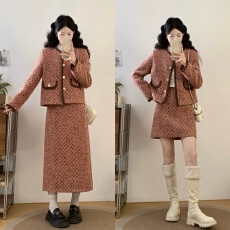 批发小香风粗花呢上衣半身裙两件套2025冬季新款<b class='q'>大码</b>女装粉色气质套装