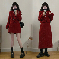 批发小香风毛呢套装2025<b class='q'>大码</b>女装新款气质高级感上衣外套半身裙两件套