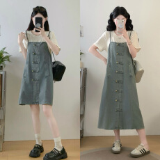 批发大码女装夏季赫本风假两件<b class='q'>牛仔</b>连衣裙2026年显瘦短袖拼接吊带裙子