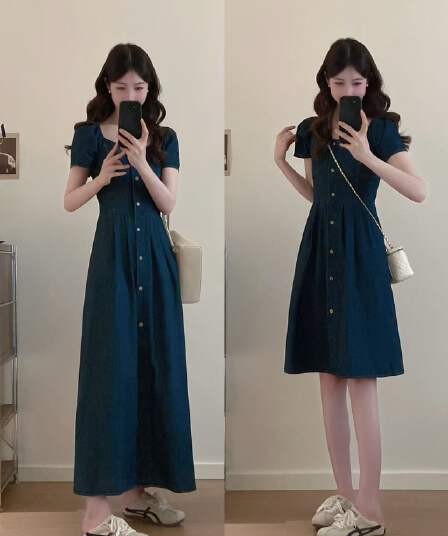 빅 사이즈 여성 의류 새로운 부드러운 한 부서 바람 광장 칼라 데님 거품 소매 싱글 줄 버튼 허리 수축 슬림해 보이는 품격 드레스