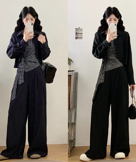 2026 가을 새로운 데님 재킷 와이드 레그 팬츠 빅 사이즈 여성 의류 착용 가져 가라. 전체 집합 고급 센스 세 조각 여성 세트