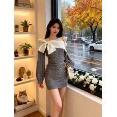 批发法式辣妹风蝴蝶结露肩针织连衣裙女秋冬新款收腰显瘦打底包臀裙子