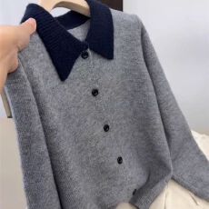 批发拼接撞色翻领羊毛<b class='q'>大码</b>外套女秋冬款洋气减龄显瘦保暖加厚针织开衫