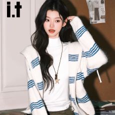 减龄红色条纹软糯针织毛衣女韩系chic宽松开衫外套