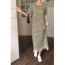 批发2026夏季宽松遮跨显瘦直筒针织过膝<b class='q'>长裙</b>温柔风复古<b class='q'>条纹</b>撞色连衣裙