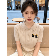 批发夏季学院风翻领短袖刺绣<b class='q'>针织</b><b class='q'>开衫</b><b class='q'>女</b>显瘦百搭减龄上衣