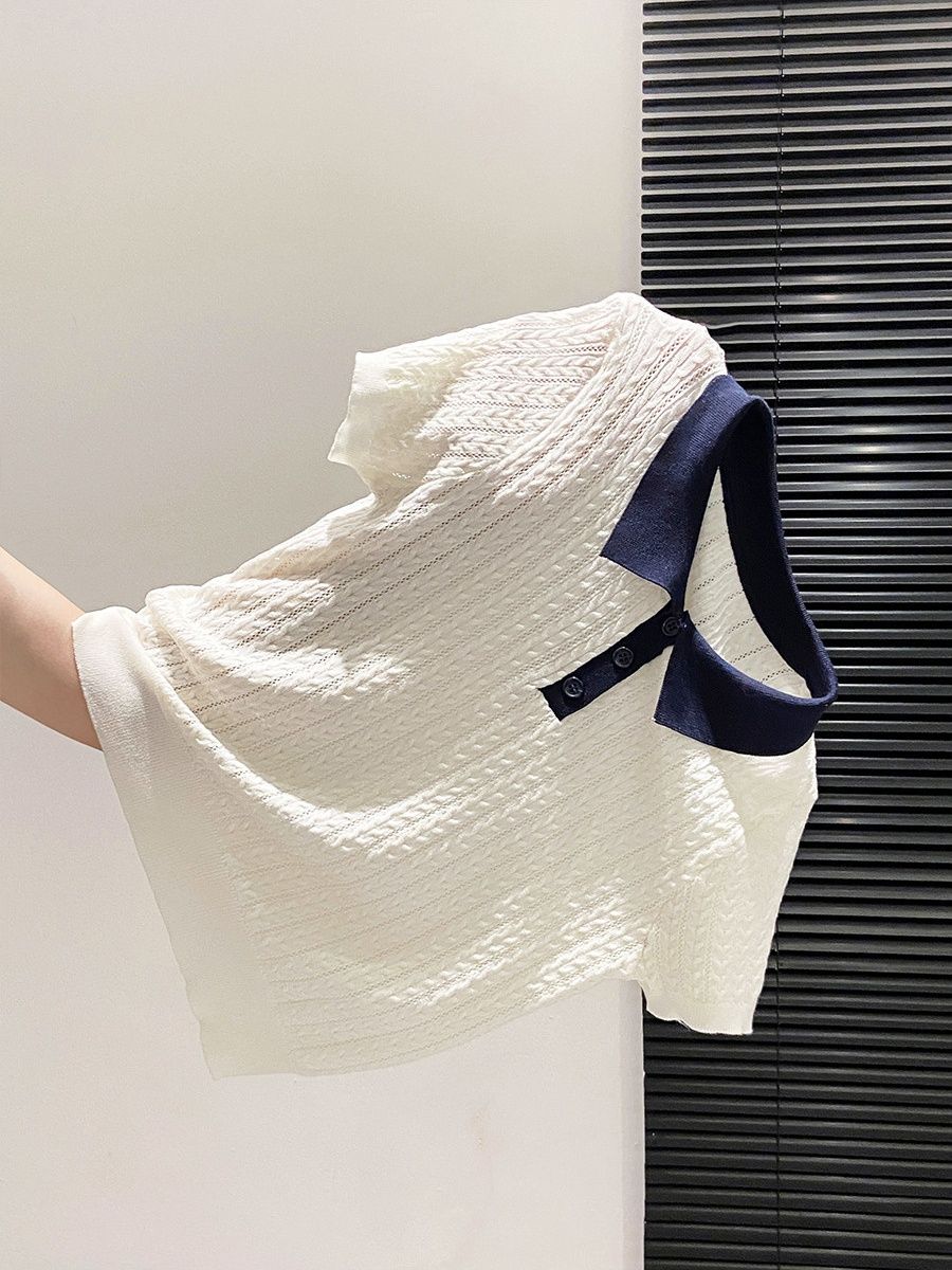 배색 POLO 칼라 반팔 니트 스웨터 여성 여름 새로운 학원 스타일 품격 다용도 맨위