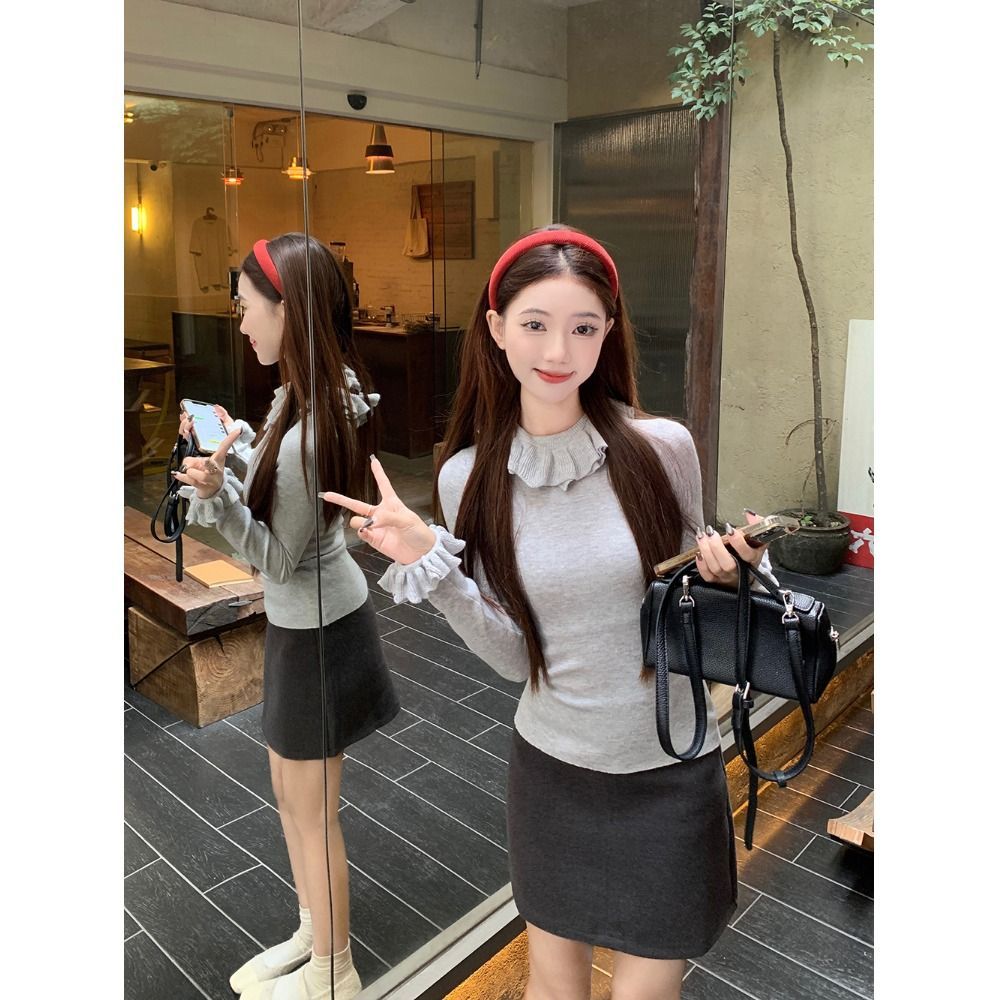 회색 반하이넥 프릴 니트 기본 셔츠 여성 가을 겨울 고급 센스 외출용 슈퍼 잘 생긴 몸매 가꾸기 인사이드 잡아라. 의류