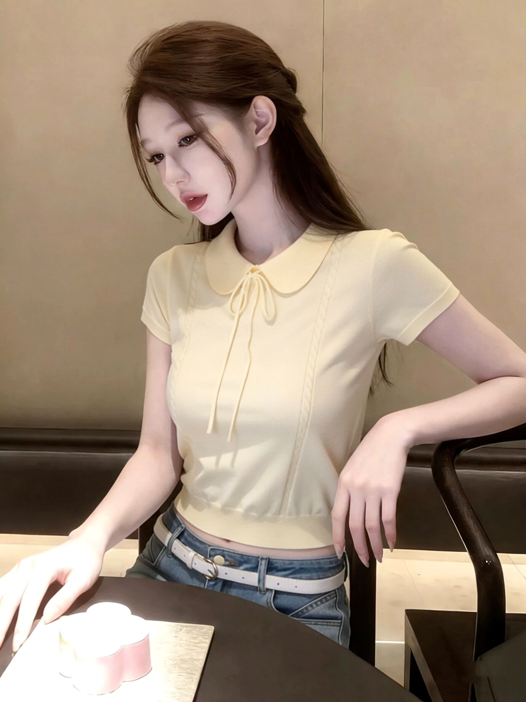 프랑스식 달콤함 레이스업 베이비 칼라 반팔 니트 스웨터 여성 여름 몸매 가꾸기 부드러운 슬림해 보이는 맨위 트렌디
