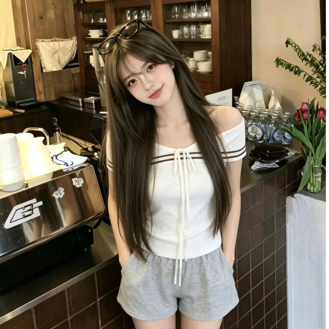 한 부서 오프숄더 레이스업 민소매 맨위 여름 새로운 해군 스타일 몸매 가꾸기 슬림해 보이는 니트 스웨터