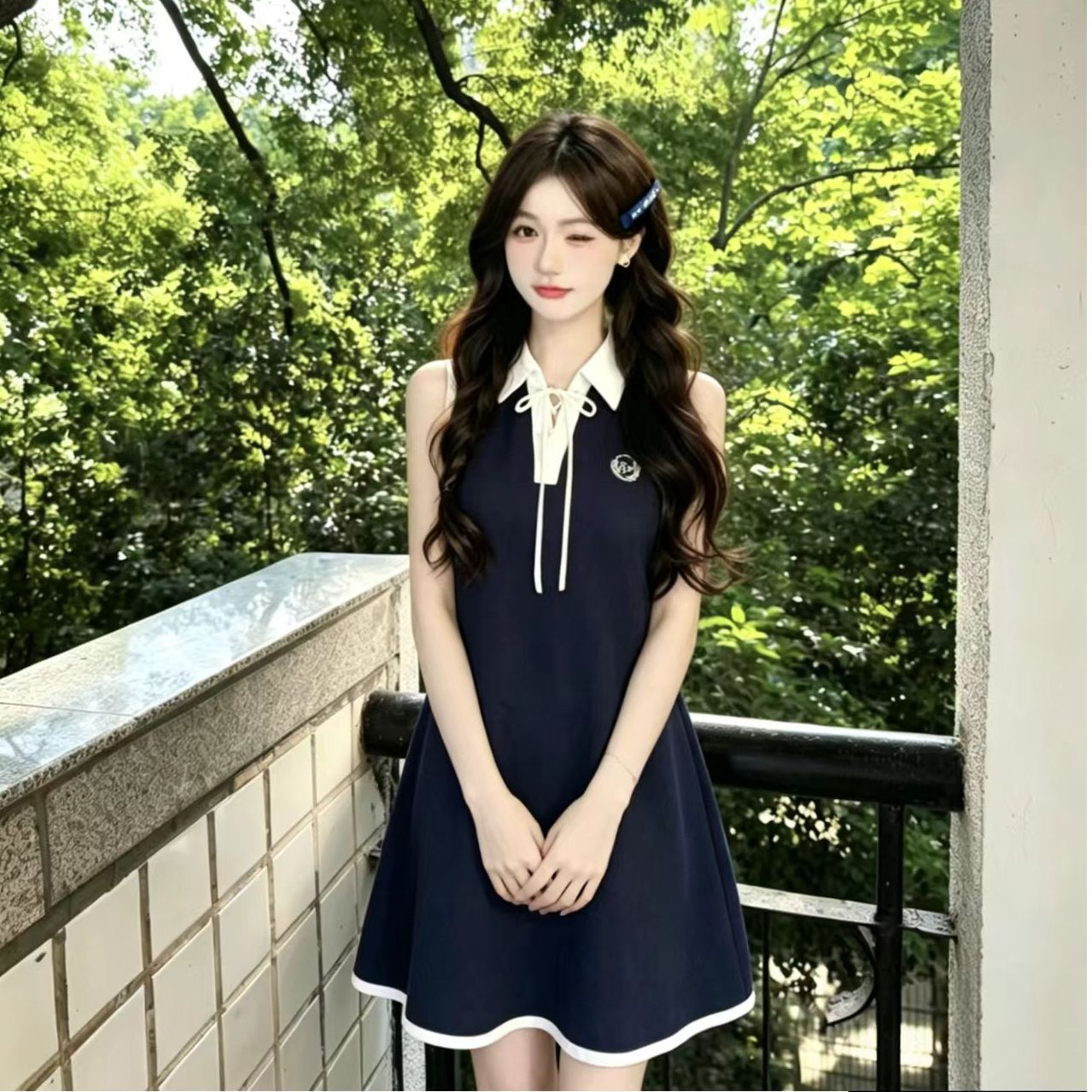 학원 연령 감소 자수 polo 여성 드레스 여름 파란색 루즈핏 민소매 치마