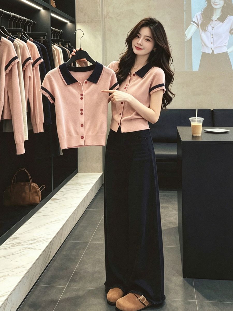 핑크색 배색 POLO 칼라 단추 레이스 레이스 반팔 티셔츠 여성 2026 여름 아름다운 맨위