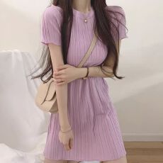 批发韩国chic夏季温柔气质圆领坑条显瘦冰丝<b class='q'>薄款</b>短袖包臀针织连衣裙女