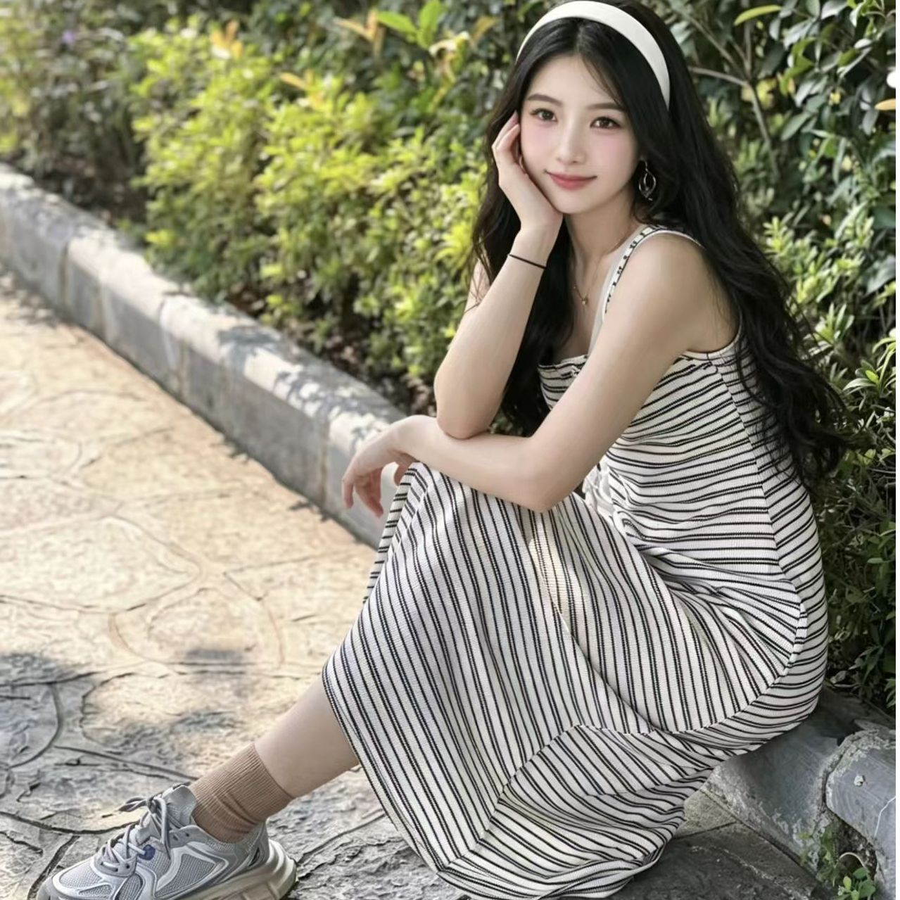 새로운 여름 품격 외국 가스 해변 드레스 해변가 휴가 롱 스커트 스트라이프 민소매 조끼 여성 드레스 슬림해 보이는 얇은 스타일