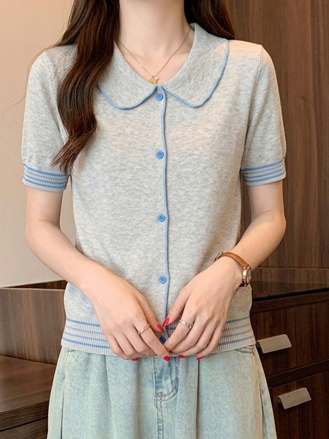 한 부서 베이비 칼라 니트 반팔 티셔츠 여성 여름 2026 년 새로운 mm 한 부서 루즈핏 슬림해 보이는 맨위