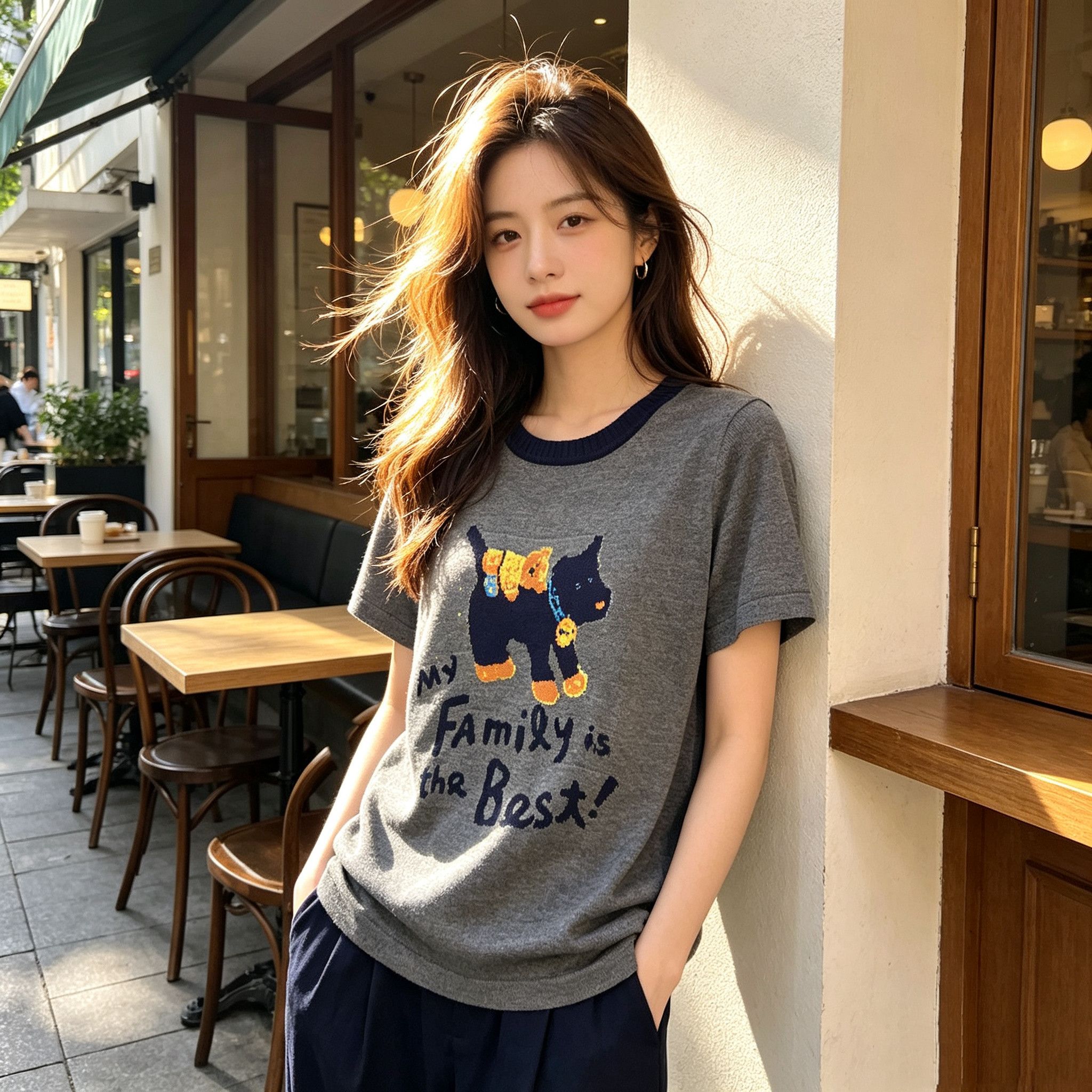 2026 패션 라운드 넥 배색 만화 자카드 니트 루즈핏 풀오버 반팔
