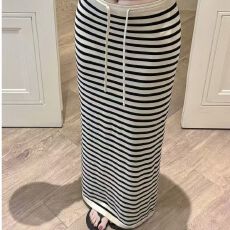 批发撞色条纹高腰半身裙女夏季韩版慵懒风休闲显瘦小个子垂感直筒长裙