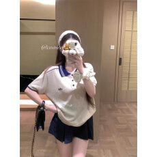 批发学院风减龄翻领短袖T恤<b class='q'>女</b>夏季<b class='q'>新款</b>休闲宽松慵懒风上衣