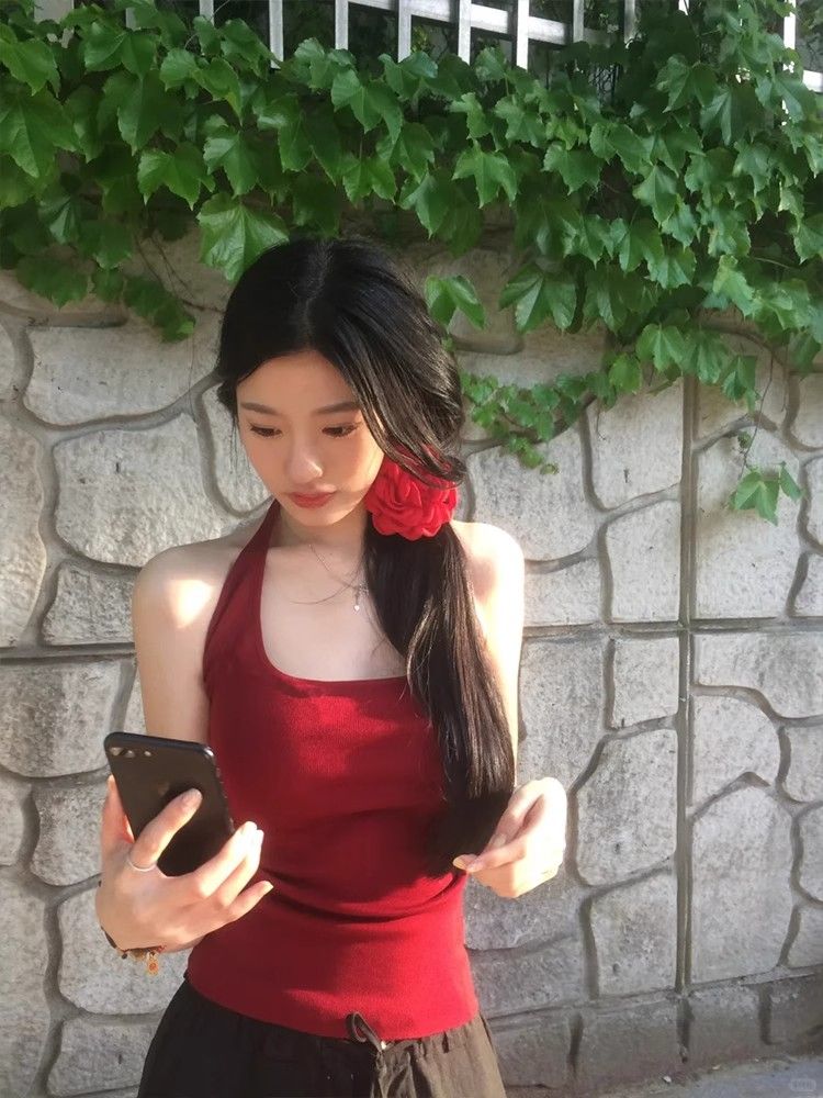 순수한 욕망 바람 섹시함 핫걸 빨간색 행침 목 조끼 여성 여름 새로운 몸매 가꾸기 슬림해 보이는 슬립