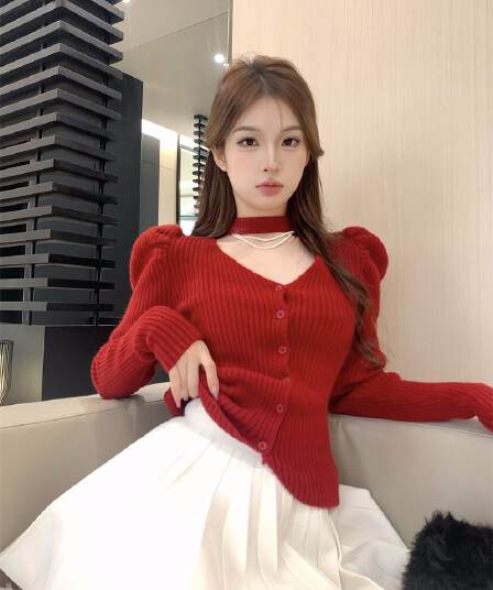 프랑스식 V넥 긴팔 니트 오픈 가디건 여성 가을 품격 행침 목 디자인 센스 몸매 가꾸기 맨위 스웨터