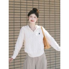 批发韩系翻领刺绣麻花长袖白色毛衣女秋<b class='q'>冬</b>季新款高级感休闲针织衫上衣