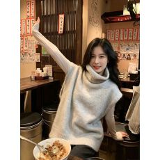 批发高领灰色套头毛衣女韩系宽松慵懒秋冬百搭叠穿无袖马甲针织上衣